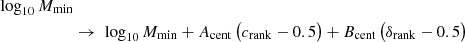 $$ \begin{aligned} \log _{10}M_\mathrm{min} \nonumber \\&\rightarrow \ \log _{10}M_\mathrm{min} +A_\mathrm{cent} \,\big (c_\mathrm{rank} -0.5\big )+B_\mathrm{cent} \,\big (\delta _\mathrm{rank} -0.5\big )\end{aligned} $$