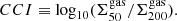 $$ \begin{aligned} CCI \equiv \mathrm{log}_{\rm 10}(\Sigma ^\mathrm{gas}_{\rm 50}/\Sigma ^\mathrm{gas}_{\rm 200}). \end{aligned} $$