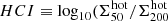$ HCI \equiv \log_{\mathrm{10}}(\Sigma^{\mathrm{hot}}_{\mathrm{50}}/\Sigma^{\mathrm{hot}}_{\mathrm{200}} $
