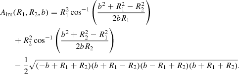$$ \begin{aligned} \begin{split} \ A_{\mathrm{int} }&(R_1,R_2,b)=R_1^2\cos ^{-1}\left(\frac{b^2+R_1^2-R_2^2}{2bR_1}\right) \\&+R_2^2\cos ^{-1}\left(\frac{b^2+R_2^2-R_1^2}{2bR_2}\right) \\&-\frac{1}{2}\sqrt{(-b+R_1+R_2)(b+R_1-R_2)(b-R_1+R_2)(b+R_1+R_2)}. \end{split} \end{aligned} $$