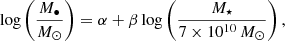 $$ \begin{aligned} \log \left(\frac{M_{\bullet }}{{M}_{\odot }}\right)=\alpha +\beta \log \left(\frac{M_{\star }}{7\times 10^{10}\,{M}_{\odot }}\right), \end{aligned} $$