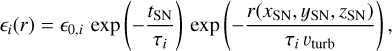 ${_i}(r) = {_{0,i}}\exp \left( { - {{{t_{{\rm{SN}}}}} \over {{\tau _i}}}} \right)\exp \left( { - {{r\left( {{x_{{\rm{SN}}}},y{\rm{SN}},z{\rm{SN}}} \right)} \over {{\tau _i}{\v _{{\rm{turb}}}}}}} \right),$