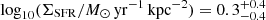 $ \log_{10}(\Sigma_{\mathrm{SFR}} / M_{\odot}\,\mathrm{yr}^{-1}\,\mathrm{kpc}^{-2}) = 0.3^{+0.4}_{-0.4} $