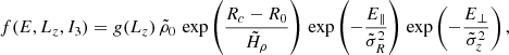 $$ \begin{aligned} \begin{aligned} f(E,L_z,I_3)= g(L_z) \, \tilde{\rho }_{0} \, \exp \left({\frac{R_c-R_0}{\tilde{H}_{\rho }}}\right) \, \exp \left({-\frac{E_{\parallel }}{\tilde{\sigma }_{R}^2}}\right) \, \exp \left({-\frac{E_{\perp }}{\tilde{\sigma }_{z}^2}}\right), \end{aligned} \end{aligned} $$