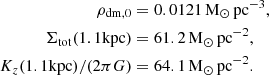 $$ \begin{aligned} \rho _\mathrm{dm,0}&=0.0121\,\mathrm{M}_\odot \,\mathrm{pc}^{-3},\\ \Sigma _\mathrm{tot} (1.1\mathrm{kpc} )&=61.2\,\mathrm{M}_\odot \,\mathrm{pc}^{-2},\\ K_z(\mathrm{1.1kpc} ) /(2\pi G)&=64.1\,\mathrm{M}_\odot \,\mathrm{pc}^{-2}. \end{aligned} $$