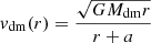 $$ \begin{aligned} v_{\mathrm{dm} }(r) = \frac{\sqrt{G M_{\mathrm{dm} } r}}{r + a} \end{aligned} $$