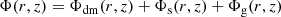 $$ \begin{aligned} \Phi (r,z) = \Phi _{\mathrm{dm} }(r,z) + \Phi _{\mathrm{s} }(r,z) + \Phi _{\mathrm{g} }(r,z) \end{aligned} $$