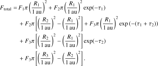 $\[\begin{aligned}F_{\text {total }}= & F_1 \pi\left(\frac{R_1}{1 \mathrm{~au}}\right)^2+F_2 \pi\left(\frac{R_1}{1 \mathrm{~au}}\right)^2 \exp \left(-\tau_1\right) \\& +F_2 \pi\left[\left(\frac{R_2}{1 \mathrm{~au}}\right)^2-\left(\frac{R_1}{1 \mathrm{~au}}\right)^2\right]+F_3 \pi\left(\frac{R_1}{1 \mathrm{~au}}\right)^2 \exp \left(-\left(\tau_1+\tau_2\right)\right) \\& +F_3 \pi\left[\left(\frac{R_2}{1 \mathrm{~au}}\right)^2-\left(\frac{R_1}{1 \mathrm{~au}}\right)^2\right] \exp \left(-\tau_2\right) \\& +F_3 \pi\left[\left(\frac{R_3}{1 \mathrm{~au}}\right)^2-\left(\frac{R_2}{1 \mathrm{~au}}\right)^2\right]\end{aligned}\]$