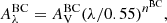 $$ \begin{aligned} A_\lambda ^{\mathrm{BC} }&= A_{\rm V}^{\mathrm{BC} } (\lambda /0.55)^{n^{\mathrm{BC} }}, \end{aligned} $$