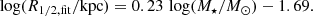 $$ \begin{aligned} \log (R_{\rm 1/2,fit}/\mathrm{kpc}) = 0.23\,\log (M_\star /M_\odot ) - 1.69. \end{aligned} $$
