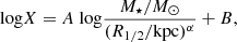 $$ \begin{aligned} {\log } X = A\ {\log } \frac{M_\star /M_\odot }{(R_{1/2}/\mathrm{kpc})^\alpha } + B, \end{aligned} $$