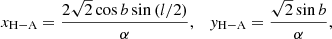 $$ \begin{aligned} x_{\rm H-A} = \frac{2\sqrt{2} \cos {b} \sin {(l/2)}}{\alpha },\quad y_{\rm H-A} = \frac{\sqrt{2}\sin {b}}{\alpha }, \end{aligned} $$