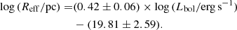 $$ \begin{aligned} \log \,(R_{\rm eff}/\mathrm{pc}) =&(0.42\pm 0.06)\times \log \,(L_{\rm bol}/\mathrm{erg\,s^{-1}})\nonumber \\&- (19.81\pm 2.59). \end{aligned} $$