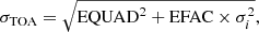 $$ \begin{aligned} \sigma _{\rm TOA} = \sqrt{\mathrm{EQUAD}^2 + \mathrm{EFAC} \times \sigma _i^2}, \end{aligned} $$