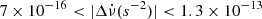 $ 7\times10^{-16} < \lvert \Delta\dot{\nu} (s^{-2}) \rvert < 1.3 \times 10^{-13} $