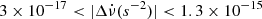 $ 3\times10^{-17} < \lvert \Delta\dot{\nu} (s^{-2}) \rvert < 1.3 \times 10^{-15} $