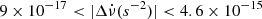 $ 9\times10^{-17} < \lvert \Delta\dot{\nu} (s^{-2}) \rvert < 4.6 \times 10^{-15} $