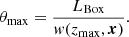 $$ \begin{aligned} \theta _{\rm max} = \frac{L_{\rm Box}}{{ w}(z_{\rm max}, \boldsymbol{x})}. \end{aligned} $$