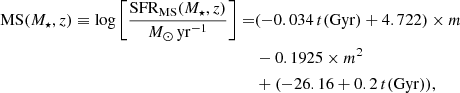 $$ \begin{aligned} \mathrm{MS}(M_{\star }, z) \equiv \log \left[\frac{{\mathrm{SFR_{MS}}}(M_{\star }, z)}{M_{\odot }\,\mathrm{yr^{-1}}} \right] =&(-0.034\,t(\mathrm{Gyr}) + 4.722) \times m \nonumber \\&- 0.1925 \times m^2\nonumber \\&+ (-26.16+0.2\,t(\mathrm{Gyr})), \end{aligned} $$