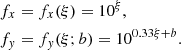 $$ \begin{aligned} f_x&= f_x(\xi ) = 10^{\xi }, \nonumber \\ f_y&= f_y(\xi ;b) = 10^{0.33\xi +b}. \end{aligned} $$