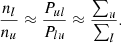 $$ \begin{aligned} \frac{n_l}{n_u} \approx \frac{P_{ul}}{P_{lu}} \approx \frac{\sum _u}{\sum _l}. \end{aligned} $$