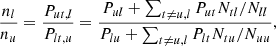 $$ \begin{aligned} \frac{n_l}{n_u} = \frac{P_{ut,l}}{P_{lt,u}} = \frac{P_{ul} + \sum _{t \ne u, l} P_{ut} N_{tl}/N_{ll}}{P_{lu} + \sum _{t \ne u, l} P_{lt} N_{tu}/N_{uu}}, \end{aligned} $$