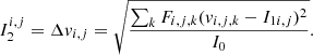 $$ \begin{aligned} I_2^{i,j} = \Delta v_{i,j} = \sqrt{\frac{\sum _{k} F_{i,j,k} (v_{i,j,k} - I_{1i,j})^2}{I_0}}. \end{aligned} $$