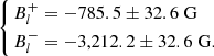 $$ \begin{aligned} \left\{ \begin{aligned} B^{+}_{l}&= -785.5 \pm 32.6 \; \mathrm{G} \\ B^{-}_{l}&= -3,212.2 \pm 32.6 \; \mathrm{G}. \end{aligned}\right. \end{aligned} $$
