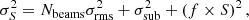 $$ \begin{aligned} \sigma _S^2 = N_{\mathrm{beams}}\sigma _{\rm {rms}}^2 + \sigma _{\mathrm{sub}}^2 + \left(f\times S\right)^{2}, \end{aligned} $$