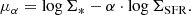 $$ \begin{aligned} \mu _{\alpha } = \log {\Sigma _{*}} - \alpha \cdot \log {\Sigma _{\mathrm{SFR}}}. \end{aligned} $$