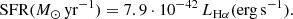 $$ \begin{aligned} \mathrm{SFR}(M_{\odot }\,\mathrm{yr}^{-1}) = 7.9 \cdot 10^{-42}\,{L}_{\mathrm{H}\alpha }(\mathrm{erg\,s}^{-1}). \end{aligned} $$