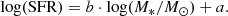 $$ \begin{aligned} \log (\mathrm{SFR}) = b \cdot \log (M_{*}/M_{\odot }) + a. \end{aligned} $$