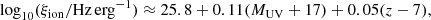 $$ \begin{aligned} \log _{10}(\xi _{\rm ion}/\mathrm{Hz\,erg}^{-1})\approx 25.8+0.11(M_{\rm UV}+17) +0.05(z-7), \end{aligned} $$