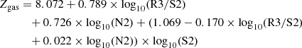 $$ \begin{aligned} Z_{\rm gas}&= 8.072+ 0.789\times \log _{10}(\mathrm{R3}/\mathrm{S2})\nonumber \\&\quad +0.726\times \log _{10}(\mathrm{N2})+ (1.069 - 0.170\times \log _{10}(\mathrm{R3}/\mathrm{S2}) \nonumber \\&\quad +0.022\times \log _{10}(\mathrm{N2}))\times \log _{10}(\mathrm{S2}) \end{aligned} $$