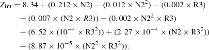 $$ \begin{aligned} Z_{\rm int}&= 8.34 +(0.212\times \mathrm{N2}) -(0.012 \times \mathrm{N2}^{2})-(0.002\times \mathrm{R3})\nonumber \\&\quad + (0.007\times (\mathrm{N2}\times R3))- (0.002\times \mathrm{N2}^{2}\times \mathrm{R3})\nonumber \\&\quad + (6.52\times (10^{-4}\times \mathrm{R3}^{2})) + (2.27\times 10^{-4}\times (\mathrm{N2}\times \mathrm{R3}^{2})) \nonumber \\ &\quad + (8.87\times 10^{-5} \times (\mathrm{N2}^{2} \times \mathrm{R3}^{2})). \end{aligned} $$