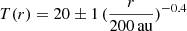 $ T(r)= 20 \pm 1\, (\frac{r}{200\,\mathrm{au}})^{-0.4} $