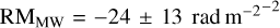 ${\rm{R}}{{\rm{M}}_{{\rm{MW}}}} = - 24 \pm 13\,{\rm{rad}}\,{{\rm{m}}^{{\rm{ - }}{{\rm{2}}^{{\rm{ - 2}}}}}}$