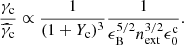$$ \begin{aligned} \frac{\gamma _\mathrm{c} }{\widehat{\gamma }_\mathrm{c} } \propto \frac{ 1}{(1+Y_\mathrm{c} )^3}\frac{1}{\epsilon _\mathrm{B} ^{5/2} n_\mathrm{ext} ^{3/2}\epsilon ^\mathrm{c} _0 }. \end{aligned} $$