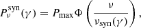 $$ \begin{aligned} P^{\mathrm{syn} }_\nu (\gamma ) = P_{\mathrm{max} } \Phi \left(\frac{\nu }{\nu _{\mathrm{syn} }(\gamma )}\right), \end{aligned} $$