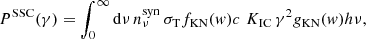 $$ \begin{aligned} P^{\mathrm{SSC} }(\gamma ) = \int _0^\infty \mathrm{d} \nu \, n_\nu ^{\mathrm{syn} }\, \sigma _{\mathrm{T} } f_{\mathrm{KN} }(w) c\,\, K_\mathrm{IC} \,\gamma ^2 g_{\mathrm{KN} }(w) h\nu , \end{aligned} $$