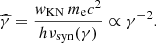 $$ \begin{aligned} \widehat{\gamma } = \frac{w_\mathrm{KN} \, m_{\rm e}c^2}{h\nu _{\rm syn}(\gamma )} \propto \gamma ^{-2}. \end{aligned} $$
