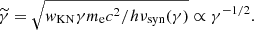 $$ \begin{aligned} \widetilde{\gamma }=\sqrt{w_\mathrm{KN} \gamma m_{\rm e}c^2/h\nu _\mathrm{syn} (\gamma )}\propto \gamma ^{-1/2}. \end{aligned} $$