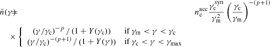 $$ \begin{aligned} \bar{n}(\gamma )&\!\!\!\!\!=\!\!\!\!\!&n_\mathrm{e} ^\mathrm{acc} \frac{\gamma _\mathrm{c} ^\mathrm{syn} }{\gamma _\mathrm{m} ^2}\left(\frac{\gamma _\mathrm{c} }{\gamma _\mathrm{m} }\right)^{-(p+1)}\nonumber \\&\!\!\!\!\!\!\times \left\{ \begin{array}{cl} \left(\gamma /\gamma _\mathrm{c} \right)^{-p}/\left(1+Y(\gamma _\mathrm{c} )\right)&\mathrm{if} \, \gamma _\mathrm{m} < \gamma < \gamma _\mathrm{c} \\ \left(\gamma /\gamma _\mathrm{c} \right)^{-(p+1)}/\left(1+Y(\gamma )\right)&\mathrm{if} \, \gamma _\mathrm{c} < \gamma < \gamma _\mathrm{max} \\ \end{array}\right.\nonumber \\ \end{aligned} $$