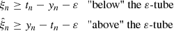 $$ \begin{aligned} \xi _n&\ge t_n - y_n - \varepsilon \quad \text{"below"} \text{ the} \ \varepsilon \text{-}\mathrm{tube}\\ \hat{\xi }_n&\ge y_n - t_n - \varepsilon \quad \text{"above"} \text{ the} \ \varepsilon \text{-}\mathrm{tube} \end{aligned} $$