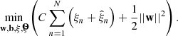 $$ \begin{aligned} \min _\mathbf{w ,b,\xi ,\hat{\xi }}&\left(C\sum _{n=1}^{N} \left(\xi _n+\hat{\xi }_n\right) + \frac{1}{2} ||\mathbf w ||^2 \right). \end{aligned} $$