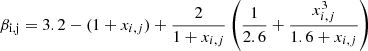 $ \beta_{\mathrm{i,j}}=3.2 -(1+x_{i,j})+\frac{2}{1+x_{i,j}}\left(\frac{1}{2.6}+\frac{x_{i,j}^3}{1.6+x_{i,j}}\right) $