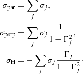 $$ \begin{aligned} \sigma _{\mathrm{par}}&= \sum _j \sigma _j, \nonumber \\ \sigma _{\mathrm{perp}}&= \sum _j \sigma _j \frac{1}{1+\Gamma _j^2}, \nonumber \\ \sigma _{\mathrm{H}}&=- \sum _j \sigma _j \frac{\Gamma _j}{1+\Gamma _j^2}\cdot \end{aligned} $$