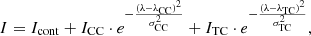 $$ \begin{aligned} I=I_{\rm cont}+I_{\rm CC}\cdot e^{-\frac{(\lambda -\lambda _{\rm CC})^{2}}{\sigma _{\rm CC}^2}} +I_{\rm TC}\cdot e^{-\frac{(\lambda -\lambda _{\rm TC})^{2}}{\sigma _{\rm TC}^2}} ,\end{aligned} $$