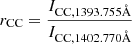 $$ \begin{aligned} r_{\rm CC}&= \frac{I_{\rm CC,1393.755\AA }}{I_{\rm CC,1402.770\AA }}\end{aligned} $$