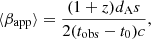 $$ \begin{aligned} \langle \beta _\mathrm{app} \rangle = \frac{(1+z)d_\mathrm{A} s}{2(t_\mathrm{obs} -t_0)c}, \end{aligned} $$